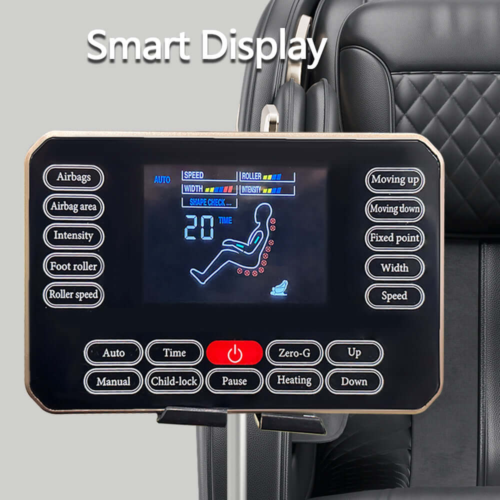 Smart display of the Zero Gravity Massage Chair with SL-Track and Smart Features showcasing controls and settings.
