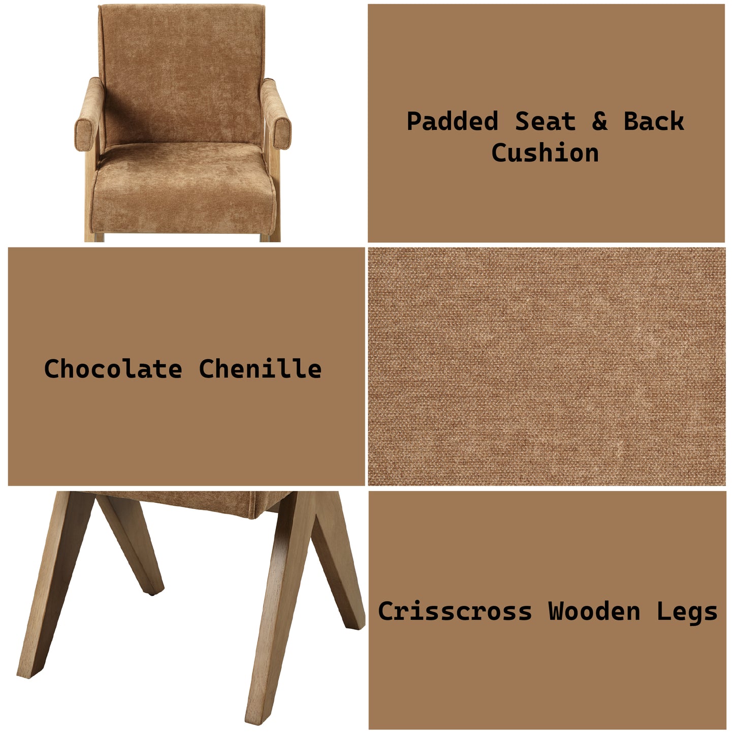 Zoey Chocolate Chenille & Oak Arm Chair (Set of 2) – view 4