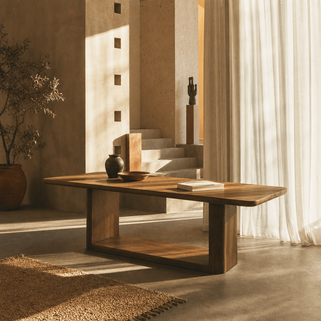 Beautiful living space featuring a Zoey Contemporary Oak Wood Dining Table 95" with warm lighting and stylish decor.