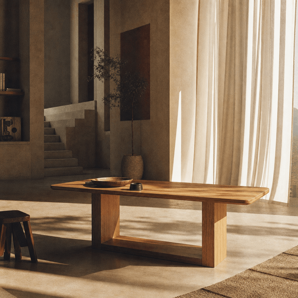 Zoey Contemporary Oak Wood Dining Table 95" in a modern dining space with natural light and elegant decor.