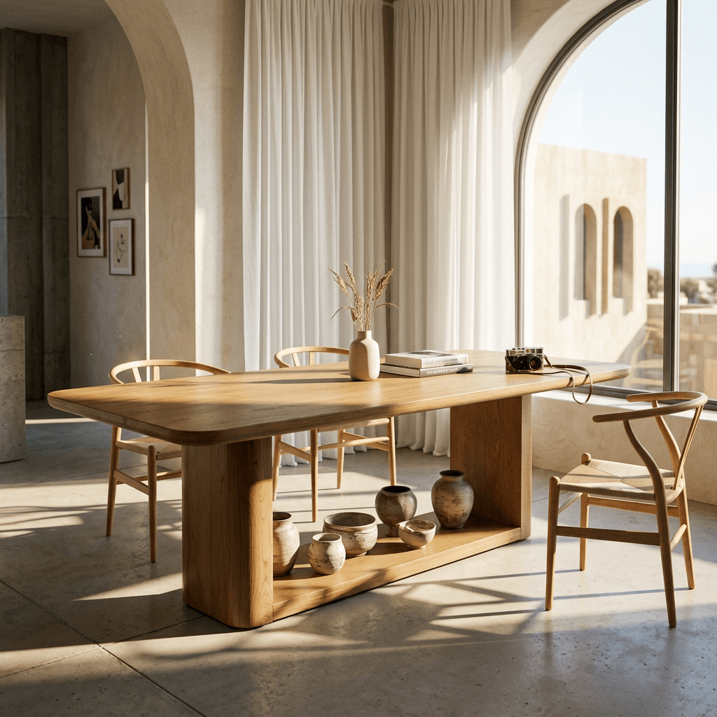 Zoey Contemporary Oak Wood Dining Table 95" in a stylish, modern dining room setting showcasing natural wood tones.