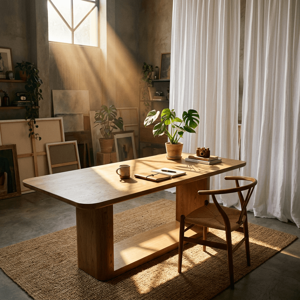 Zoey Contemporary Oak Wood Dining Table 95" in a sunlit modern dining space with plants and warm decor.