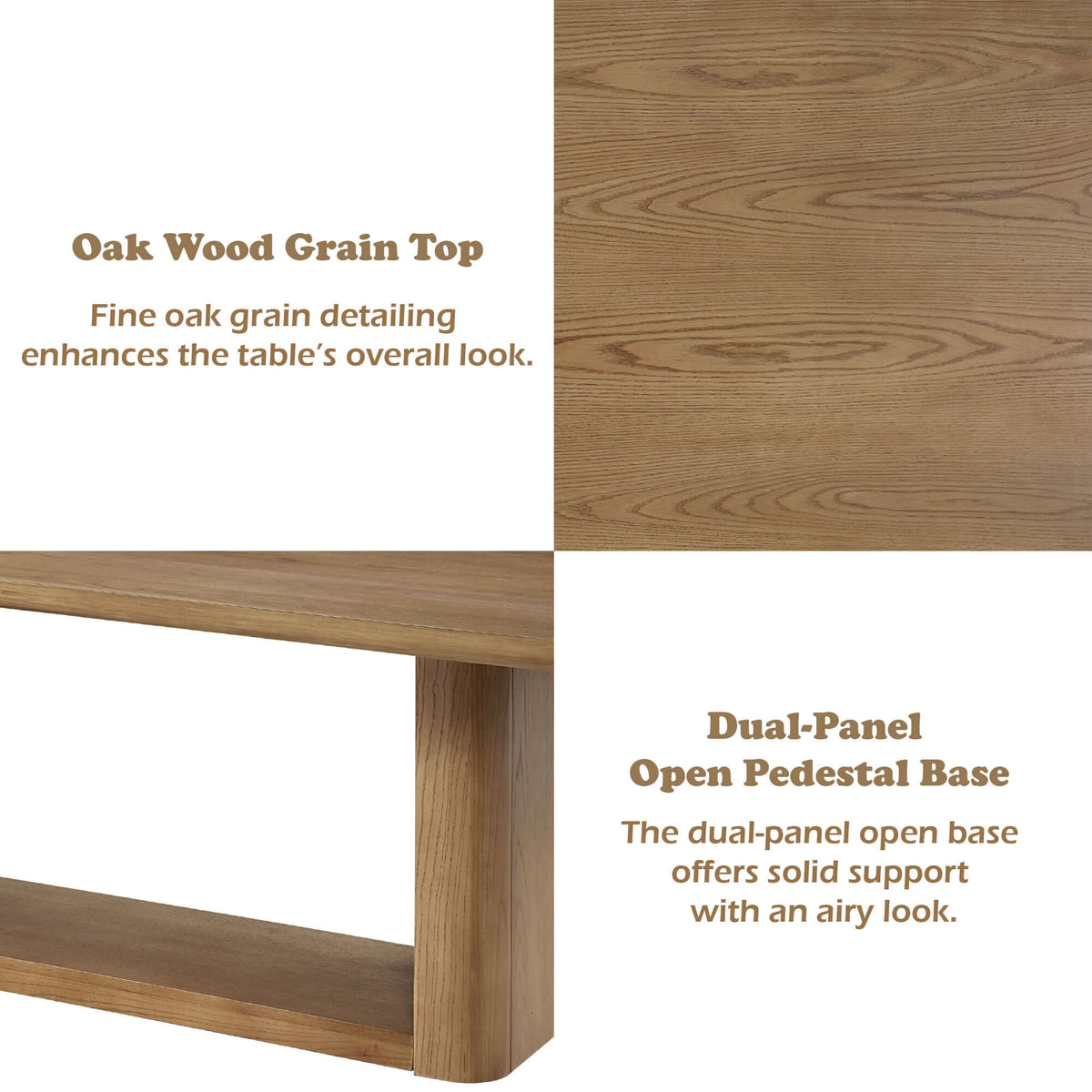 Close-up of Zoey Contemporary Oak Wood Dining Table 95" showing oak wood grain top and dual-panel open pedestal base.