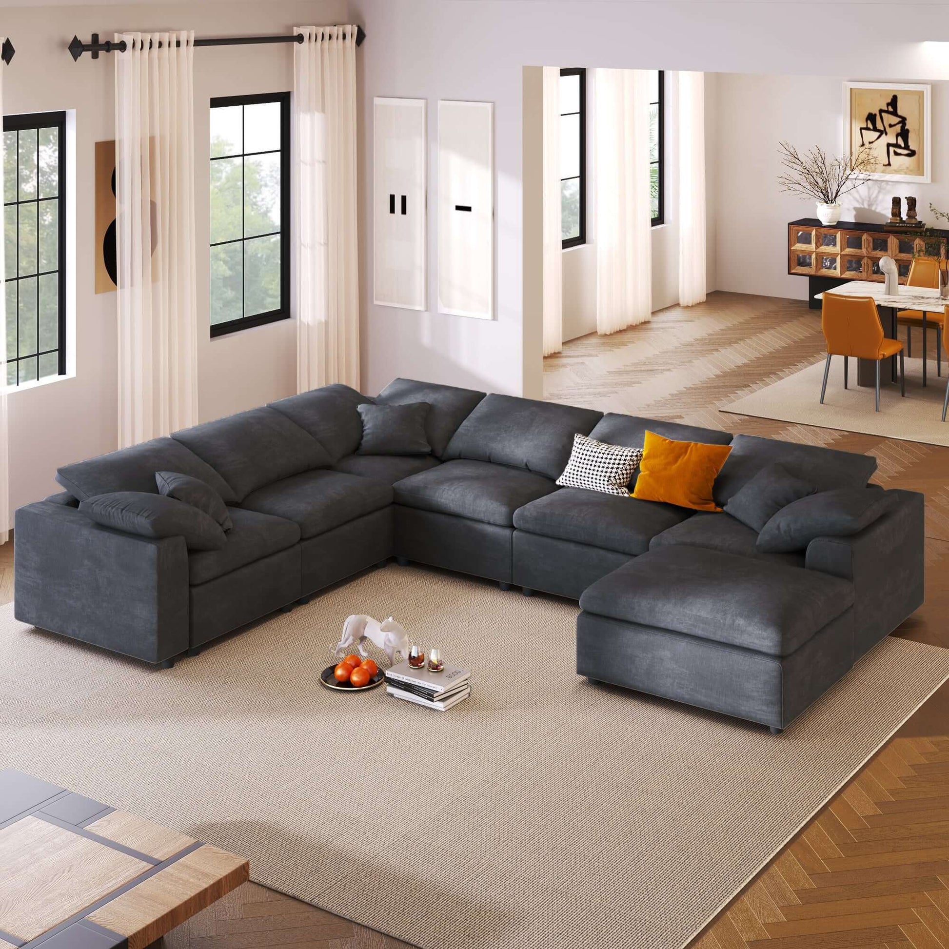 Modern Low Profile Modular U-Shaped Sectional Sofa with Ottoman in Gray or Beige 129" - Revel Sofa 