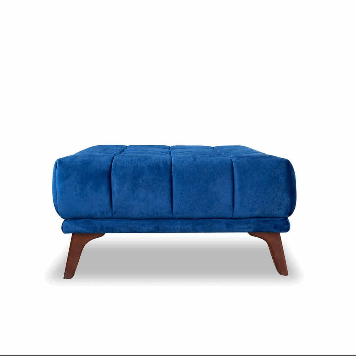 Addison MCM Tufted Square Ottoman 33" – Modern Upholstered Ottoman (Multiple Colors & Fabrics) in blue with wooden legs.