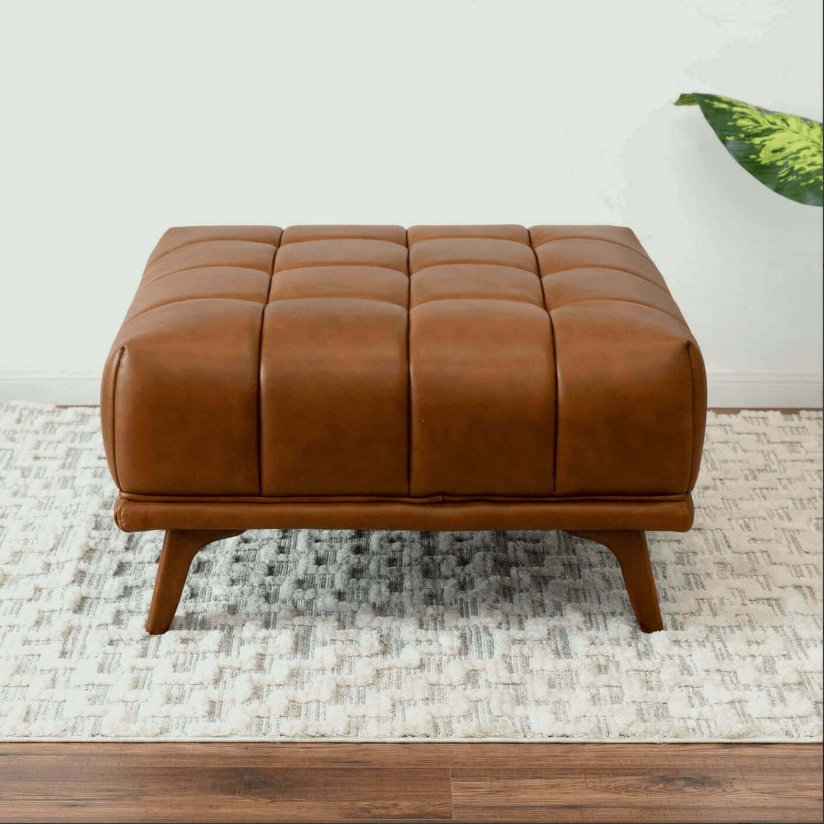 Addison MCM Tufted Square Ottoman 33" – Modern Upholstered Ottoman (Multiple Colors & Fabrics) in brown leather style.