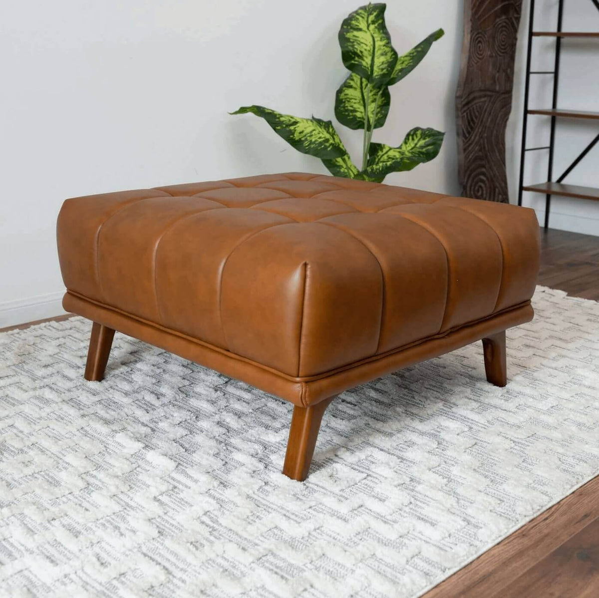 Addison MCM Tufted Square Ottoman 33" – Modern Upholstered Ottoman (Multiple Colors & Fabrics) in brown leather.