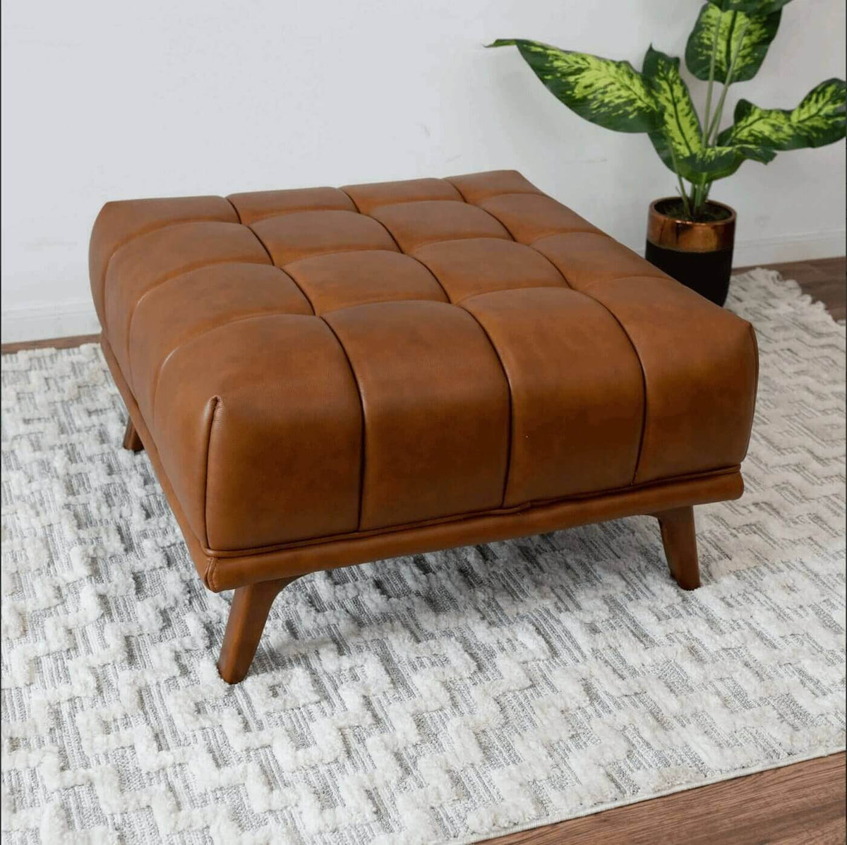Addison MCM Tufted Square Ottoman 33" – Modern Upholstered Ottoman (Multiple Colors & Fabrics) on a textured rug.