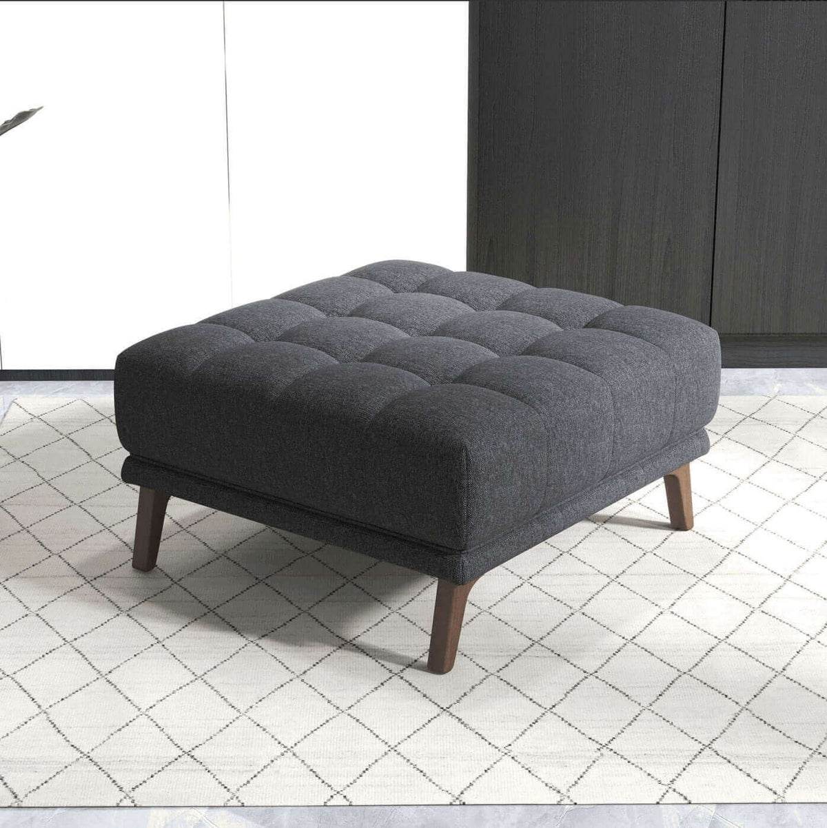Addison MCM Tufted Square Ottoman 33" – Modern Upholstered Ottoman (Multiple Colors & Fabrics) in dark gray fabric on rug.