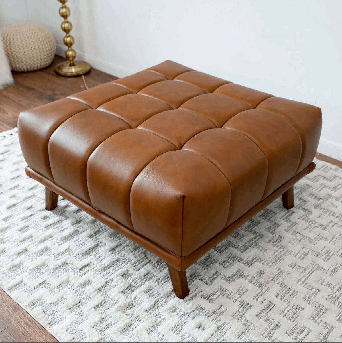 Addison MCM Tufted Square Ottoman 33" – Modern Upholstered Ottoman (Multiple Colors & Fabrics) in brown leather.