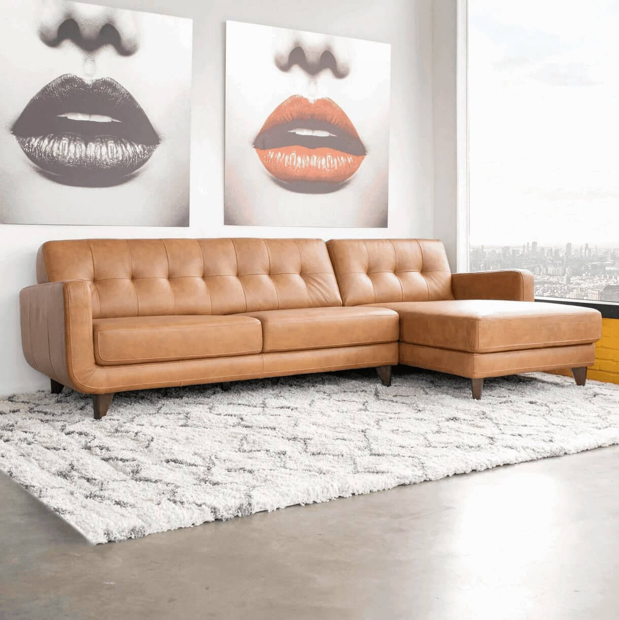 Allison MCM Style Genuine Leather Sectional Sofa with Chaise 113" - Revel Sofa 