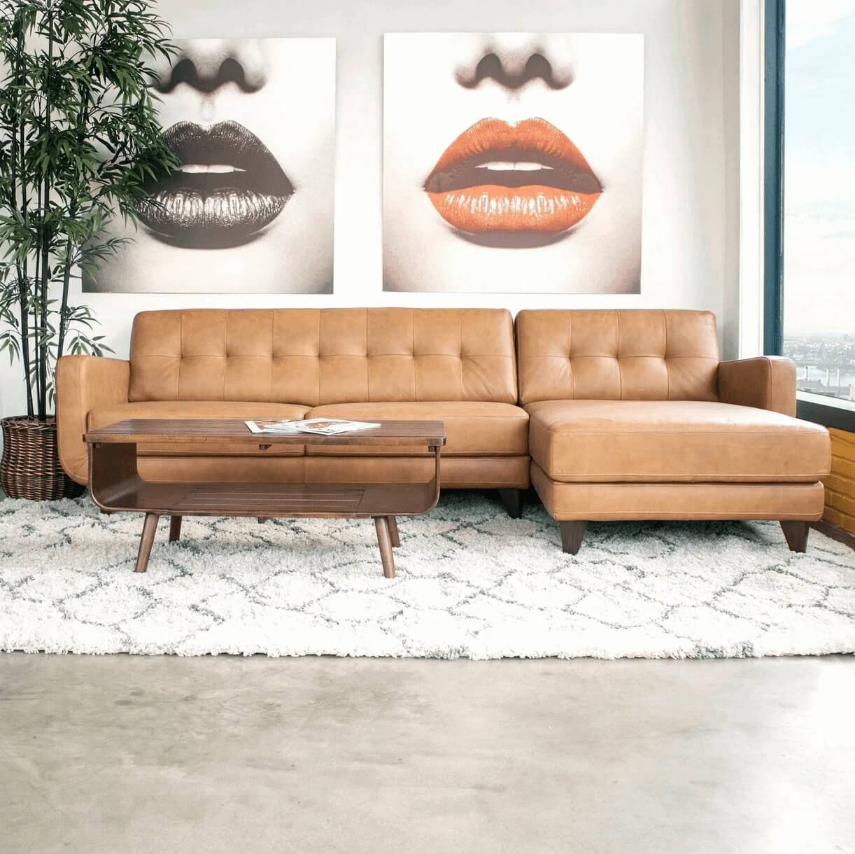 Allison MCM Style Genuine Leather Sectional Sofa with Chaise 113" - Revel Sofa 