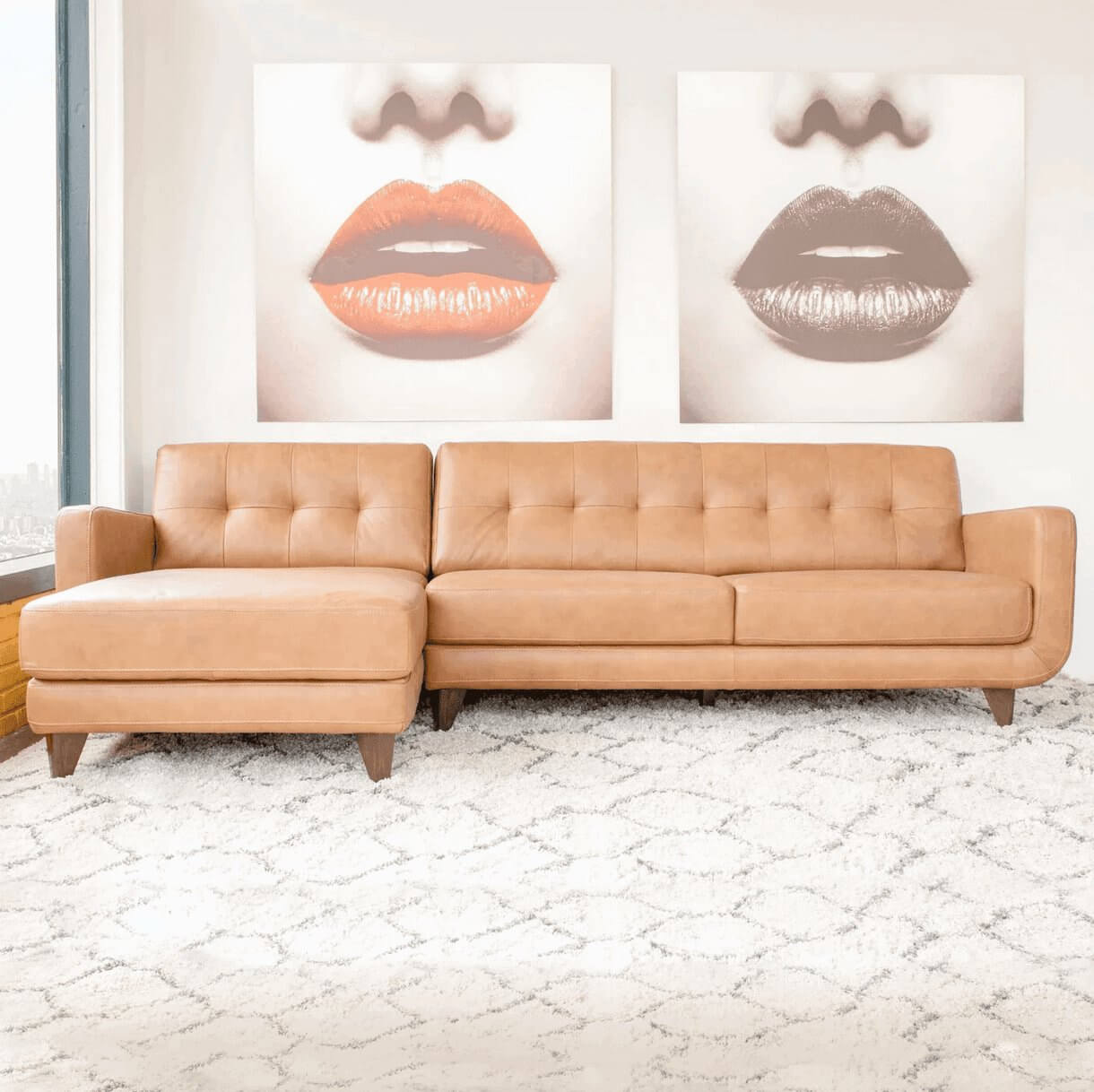 Allison MCM Style Genuine Leather Sectional Sofa with Chaise 113" - Revel Sofa 