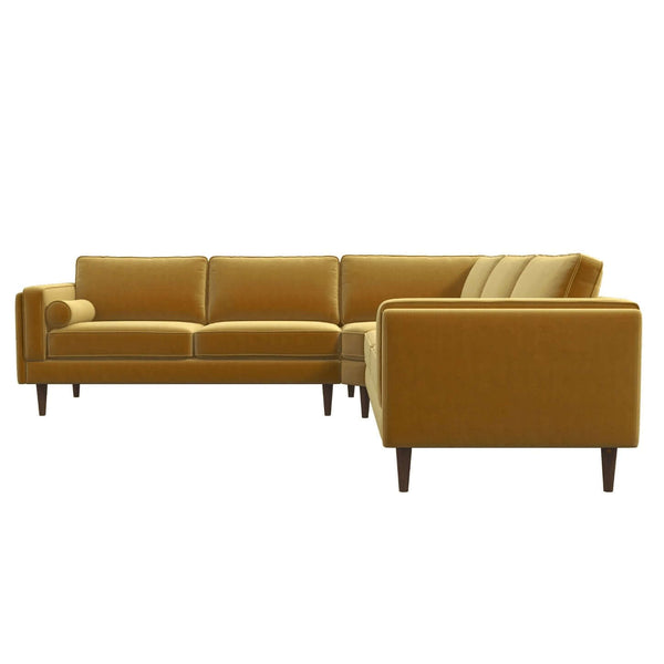 The Ashcroft Furniture Amber MCM Corner Sectional Sofa 103 features a modern Mid-Century design with dark grey upholstery, three seat and back cushions, wooden legs, clean lines, and is available in 5 colors.