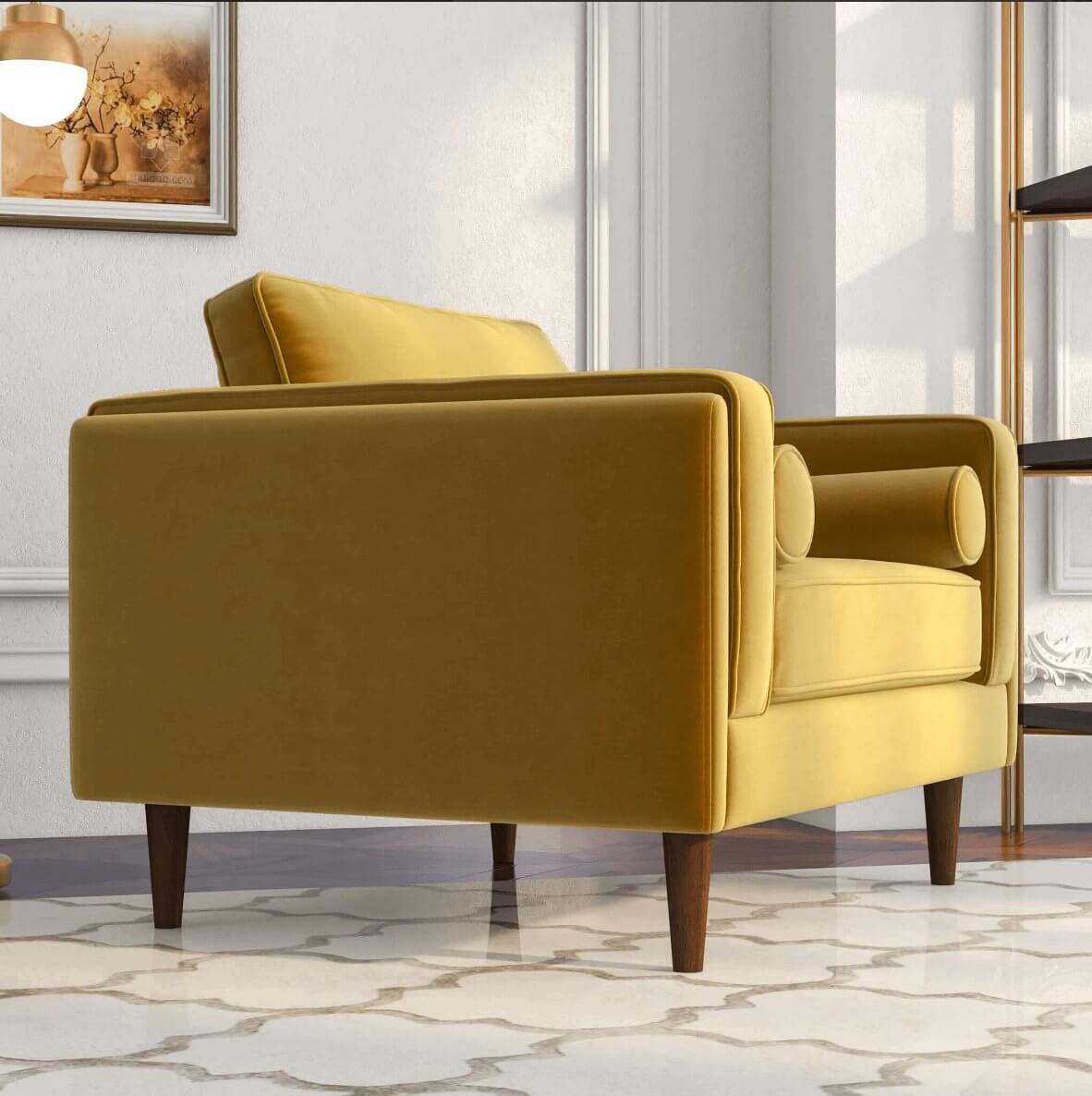 Amber MCM Velvet Accent Lounge Chair – Mid-Century Modern Upholstered Armchair (7 Colors, Plush Cushioning) in yellow velvet.