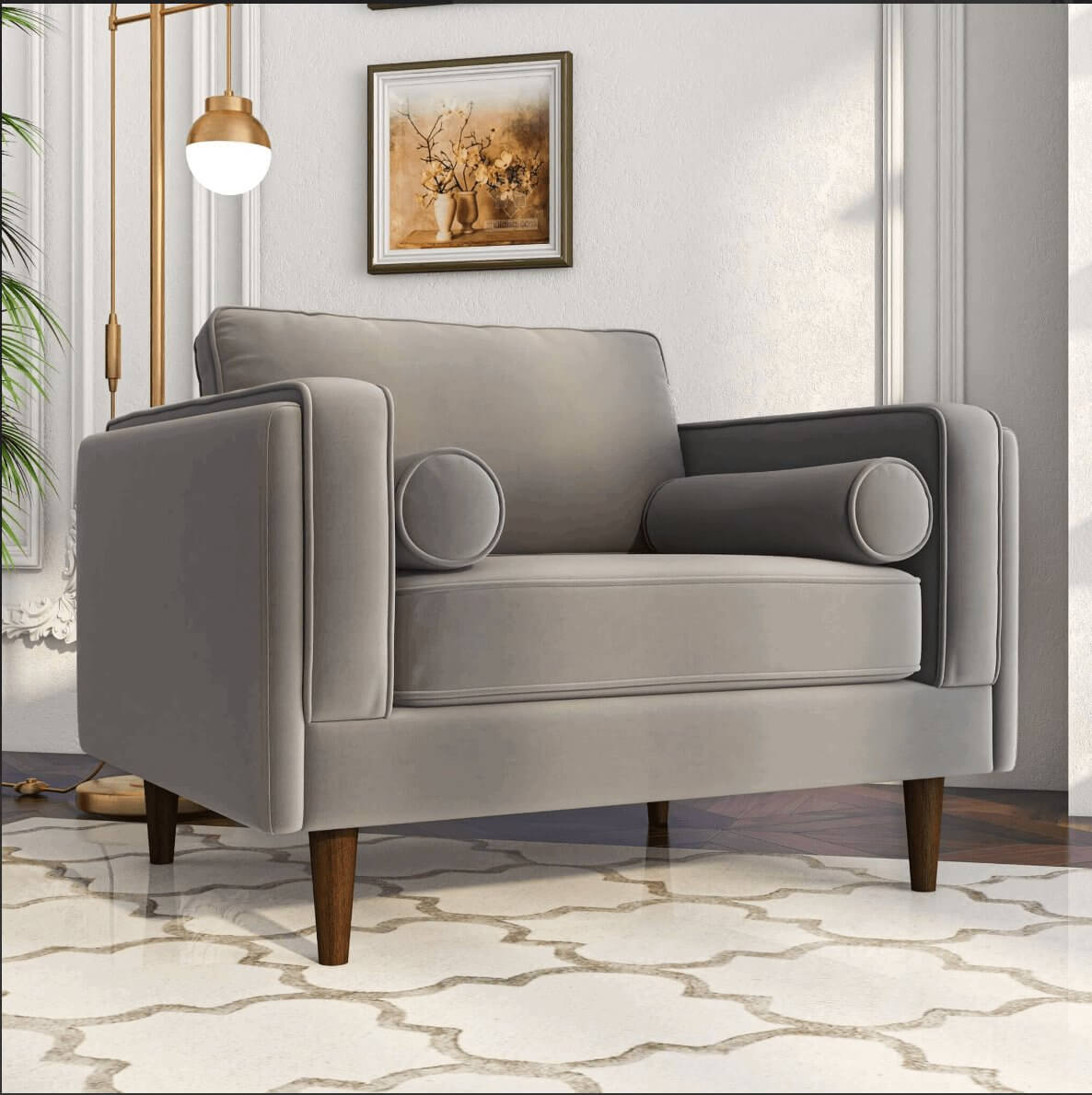 Amber MCM Velvet Accent Lounge Chair – in room setting
