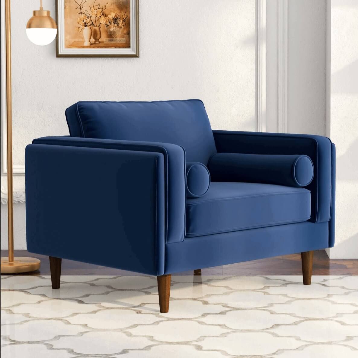 Amber MCM Velvet Accent Lounge Chair – Mid-Century Modern Upholstered Armchair (7 Colors, Plush Cushioning) in navy blue.