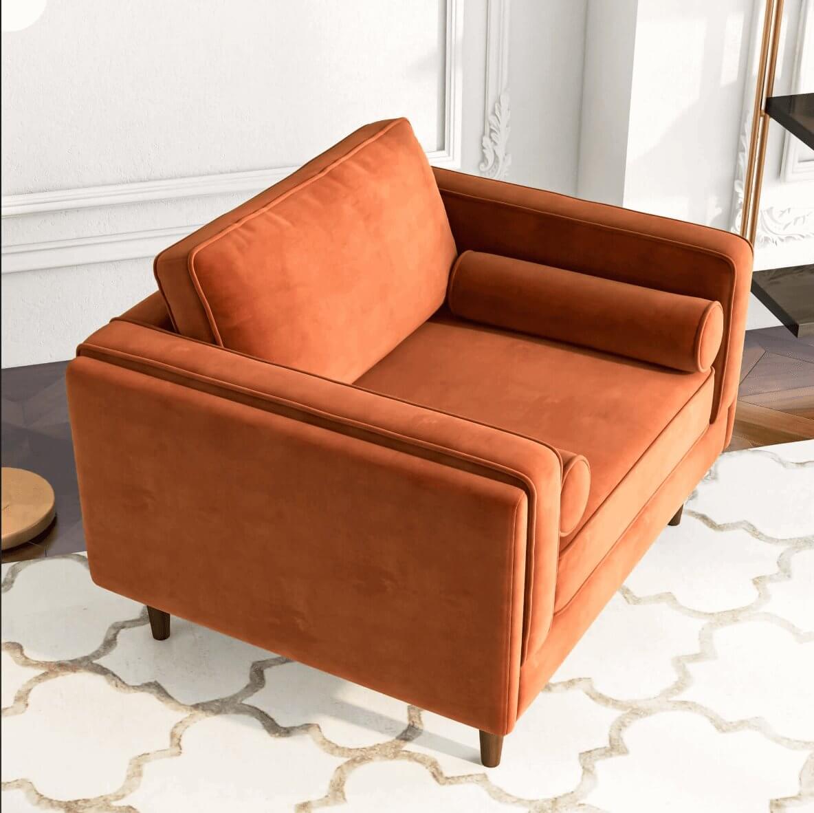 Amber MCM Velvet Accent Lounge Chair – Mid-Century Modern Upholstered Armchair (7 Colors, Plush Cushioning) in orange velvet.