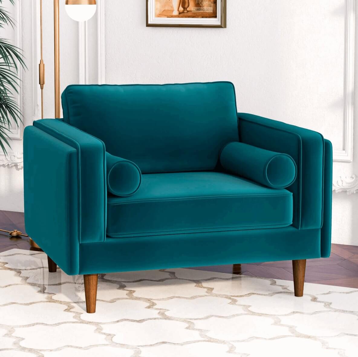 Amber MCM Velvet Accent Lounge Chair – Mid-Century Modern Upholstered Armchair (7 Colors, Plush Cushioning) in teal velvet.