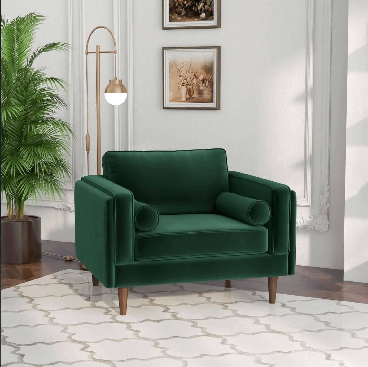 Amber MCM Velvet Accent Lounge Chair – Mid-Century Modern Upholstered Armchair (7 Colors, Plush Cushioning) in green velvet.