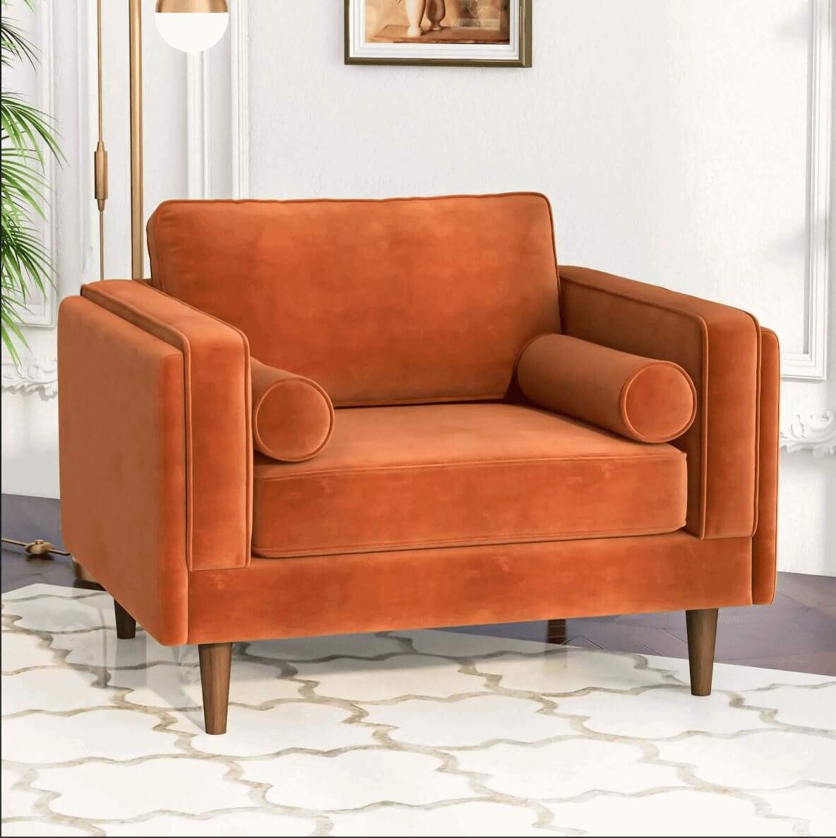 Amber MCM Velvet Accent Lounge Chair – Mid-Century Modern Upholstered Armchair (7 Colors, Plush Cushioning) in orange