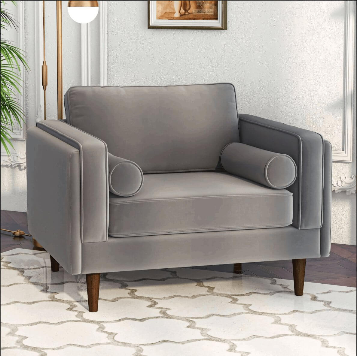Amber MCM Velvet Accent Lounge Chair – Mid-Century Modern Upholstered Armchair (7 Colors, Plush Cushioning) in gray