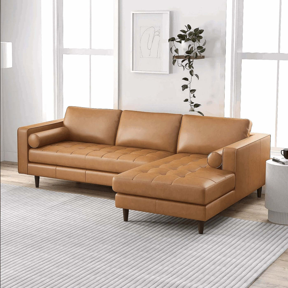 Modern Tufted Leather Chaise Sofa Sectional 101” – Anthony MCM Genuine Leather L-Shape Couch in tan leather.