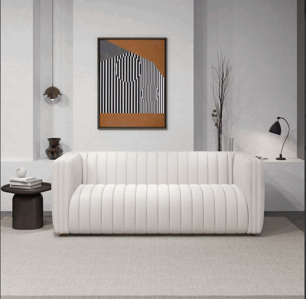 April Channel Tufted Boucle Sofa 86" – Beige Modern Glam Couch in a stylish living room setting.