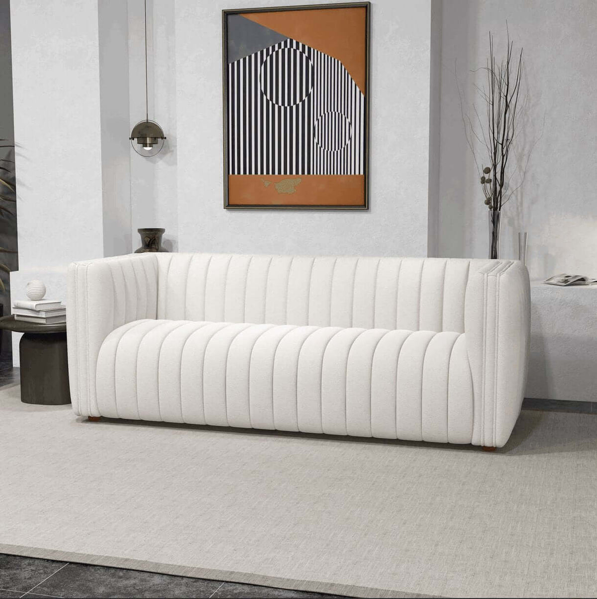 April Channel Tufted Boucle Sofa 86" – Beige Modern Glam Couch in a contemporary living room setting with modern art.