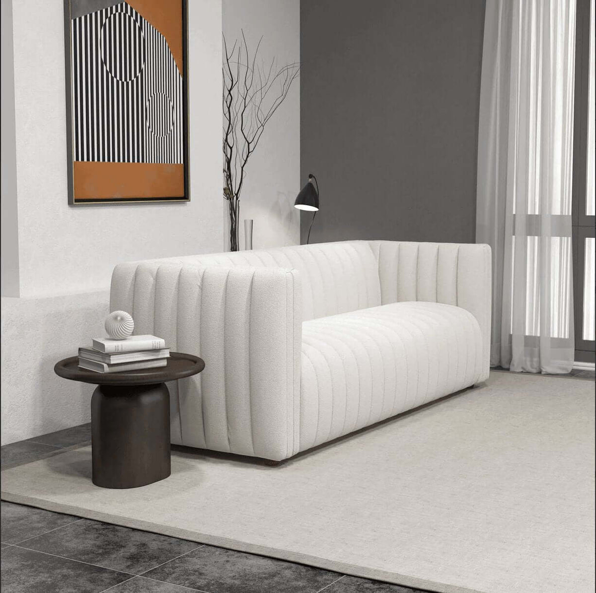 April Channel Tufted Boucle Sofa 86" – Beige Modern Glam Couch in stylish living room setting.
