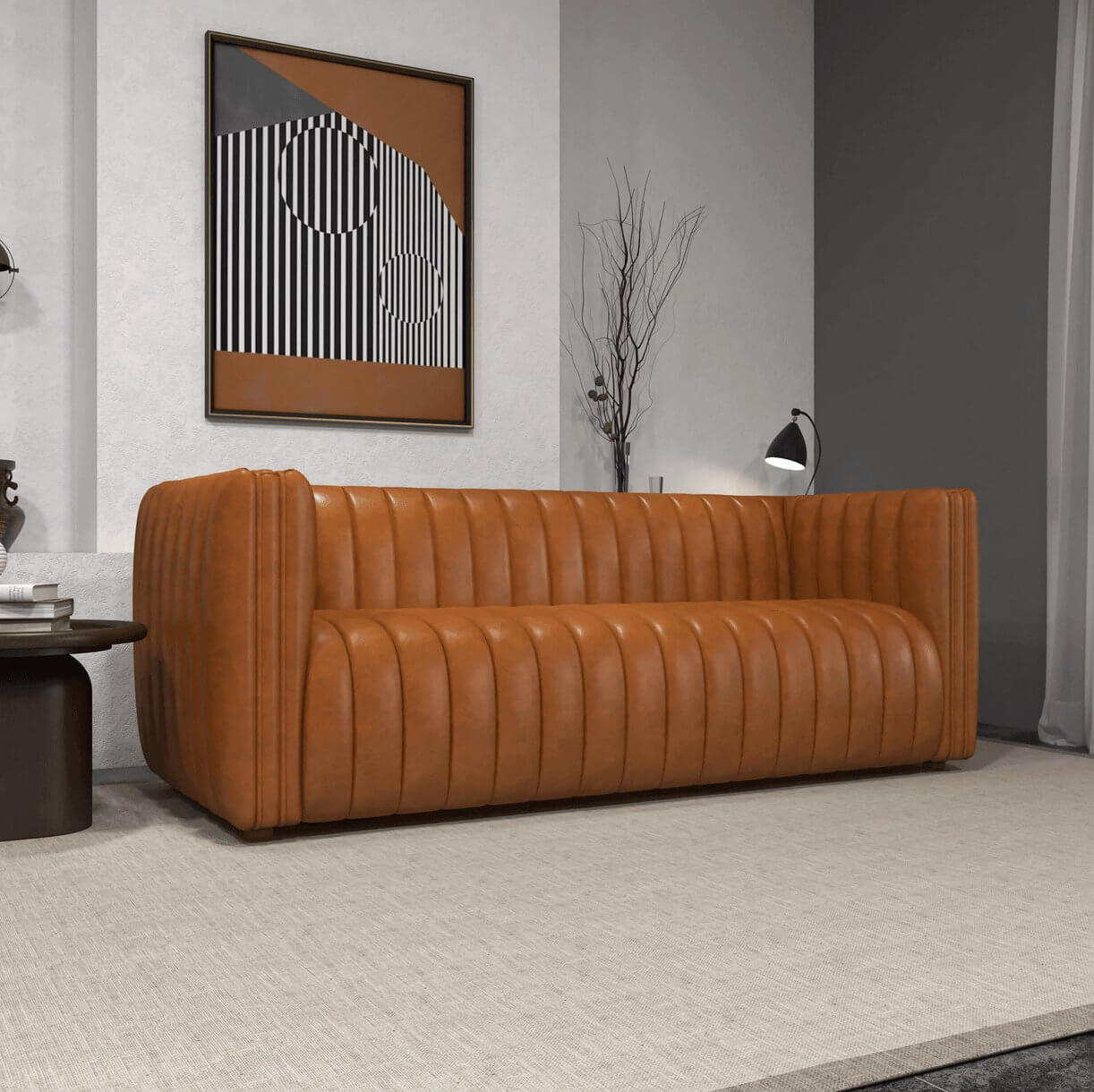 April Channel Tufted Sofa in Genuine Leather or Beige Boucle 86" - Revel Sofa 