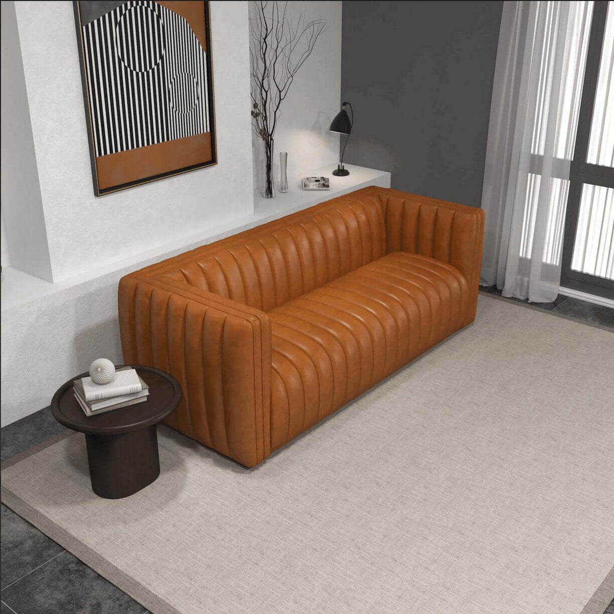 April Channel Tufted Sofa in Genuine Leather or Beige Boucle 86" - Revel Sofa 