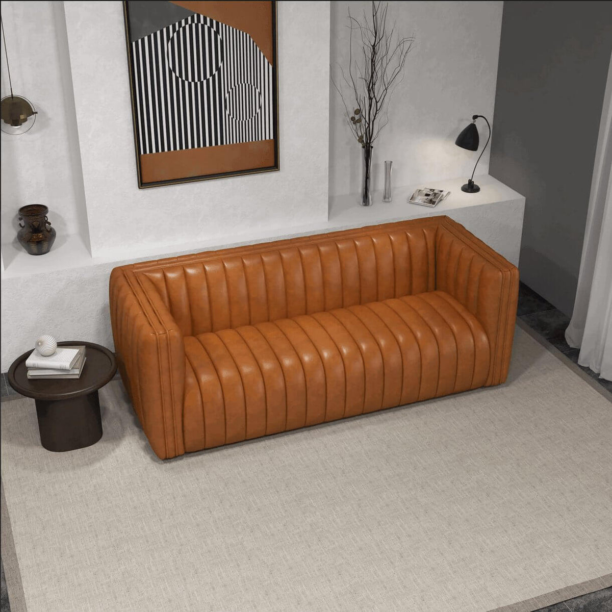 April Channel Tufted Sofa in Genuine Leather or Beige Boucle 86" - Revel Sofa 