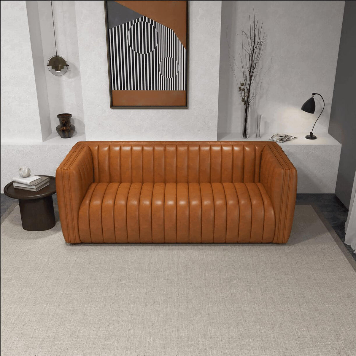 April Channel Tufted Sofa in Genuine Leather or Beige Boucle 86" - Revel Sofa 