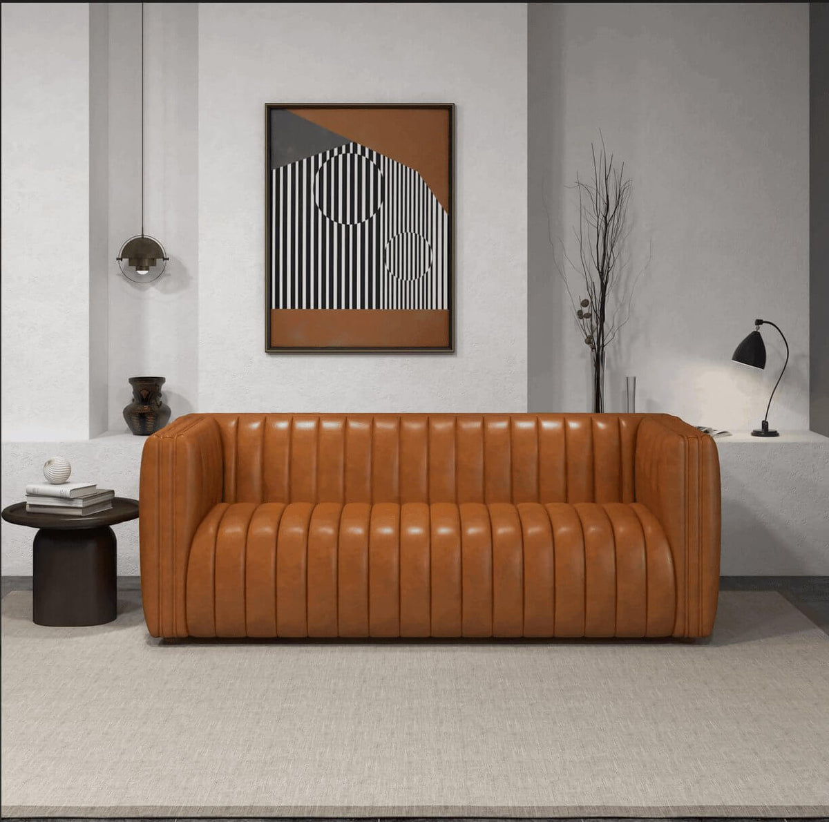 April Channel Tufted Sofa in Genuine Leather or Beige Boucle 86" - Revel Sofa 