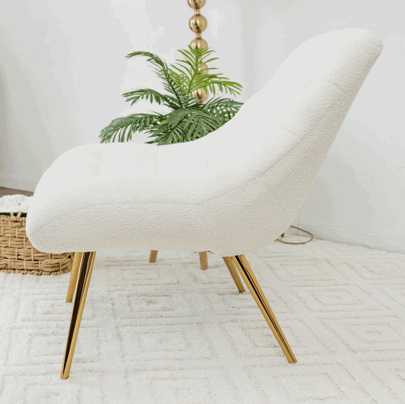 Aubrey Tufted Boucle Lounge Chair – Modern Armless Accent Chair (2 Colors) with soft texture and gold legs.