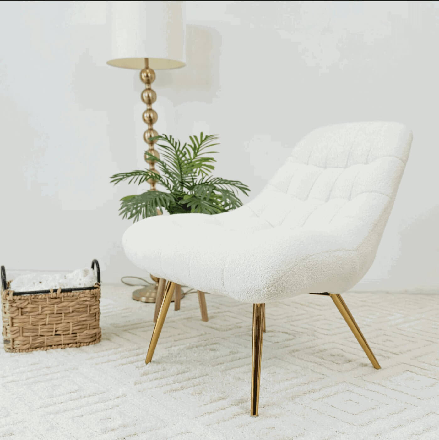 Aubrey Tufted Boucle Lounge Chair – Modern Armless Accent Chair (2 Colors) featured in a stylish living room setting.