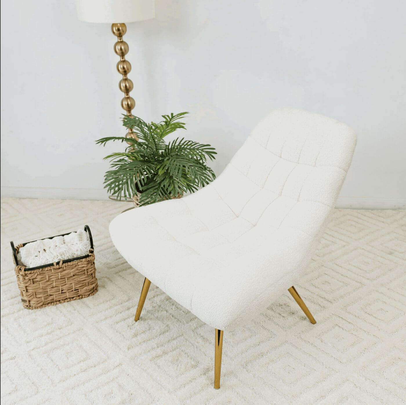 Aubrey Tufted Boucle Lounge Chair – Modern Armless Accent Chair (2 Colors) in white with gold legs.