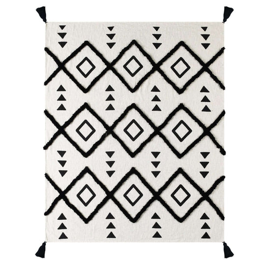 Black And White Woven Cotton Geometric Throw Blanket - Revel Sofa