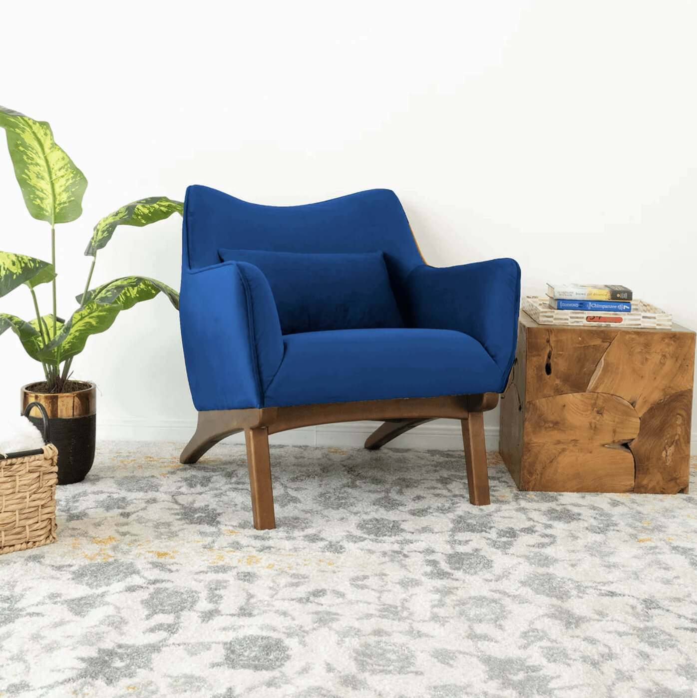 Brayden MCM Fabric Accent Lounge Chair – Modern Upholstered Chair (Multiple Fabrics & Colors) in blue fabric with wooden base.