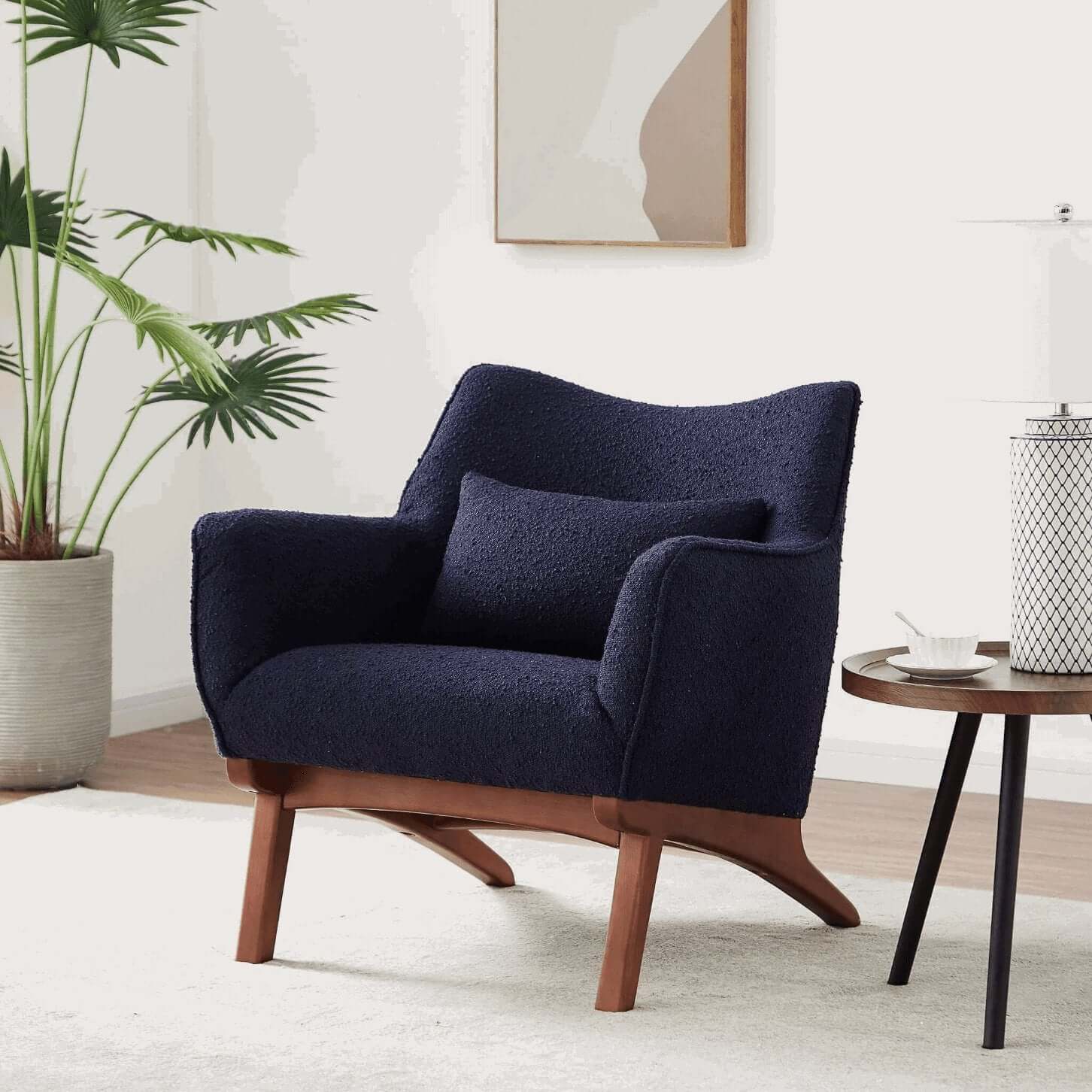 Brayden MCM Fabric Accent Lounge Chair – Modern Upholstered Chair (Multiple Fabrics & Colors) in navy with wood base.