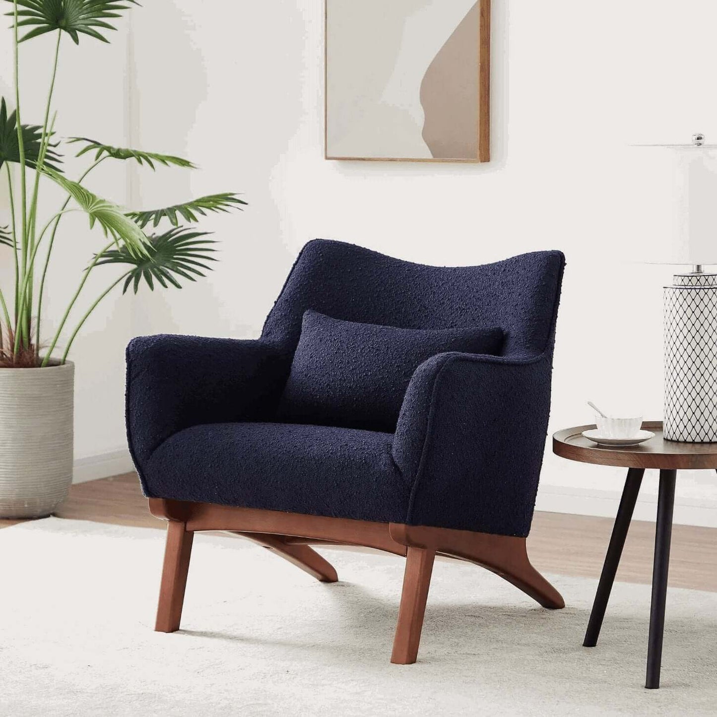 Brayden MCM Fabric Accent Lounge Chair – Modern Upholstered Chair (Multiple Fabrics & Colors) in navy with wood base.