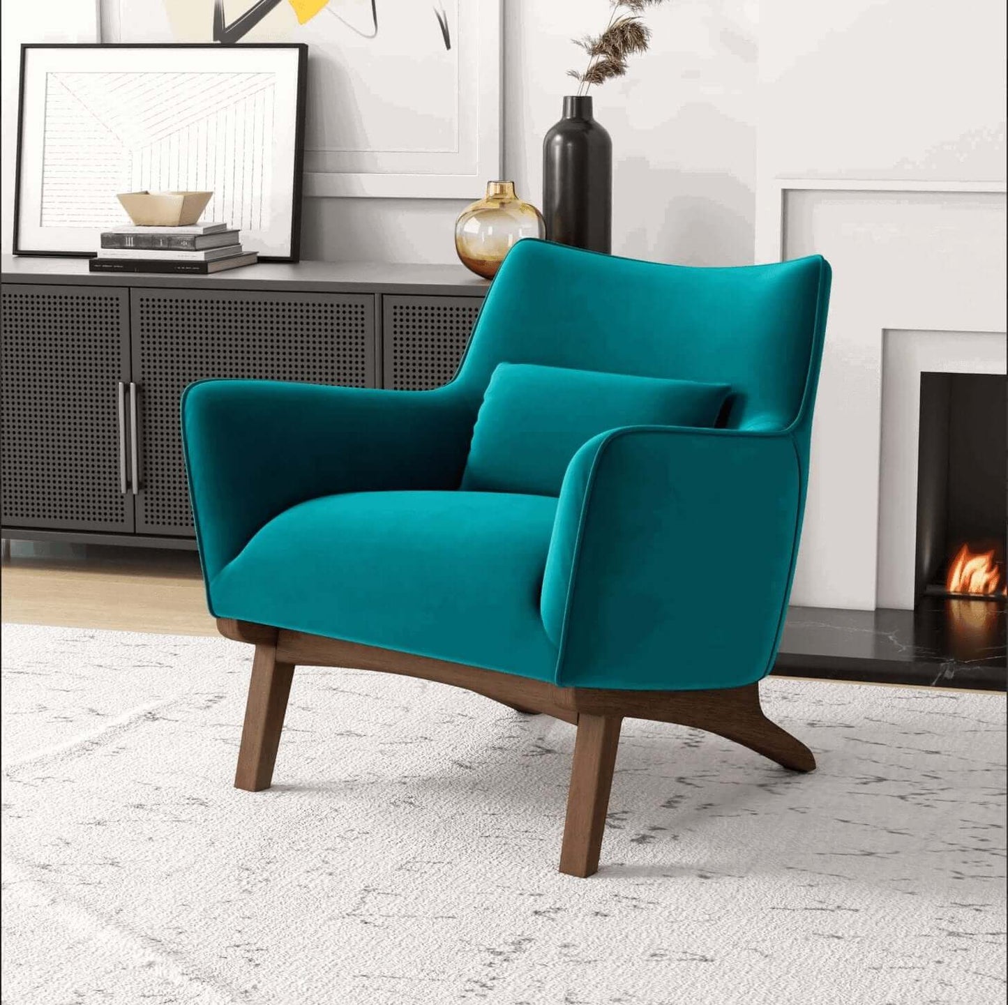 Brayden MCM Fabric Accent Lounge Chair – Modern Upholstered Chair (Multiple Fabrics & Colors) in teal with wood legs.
