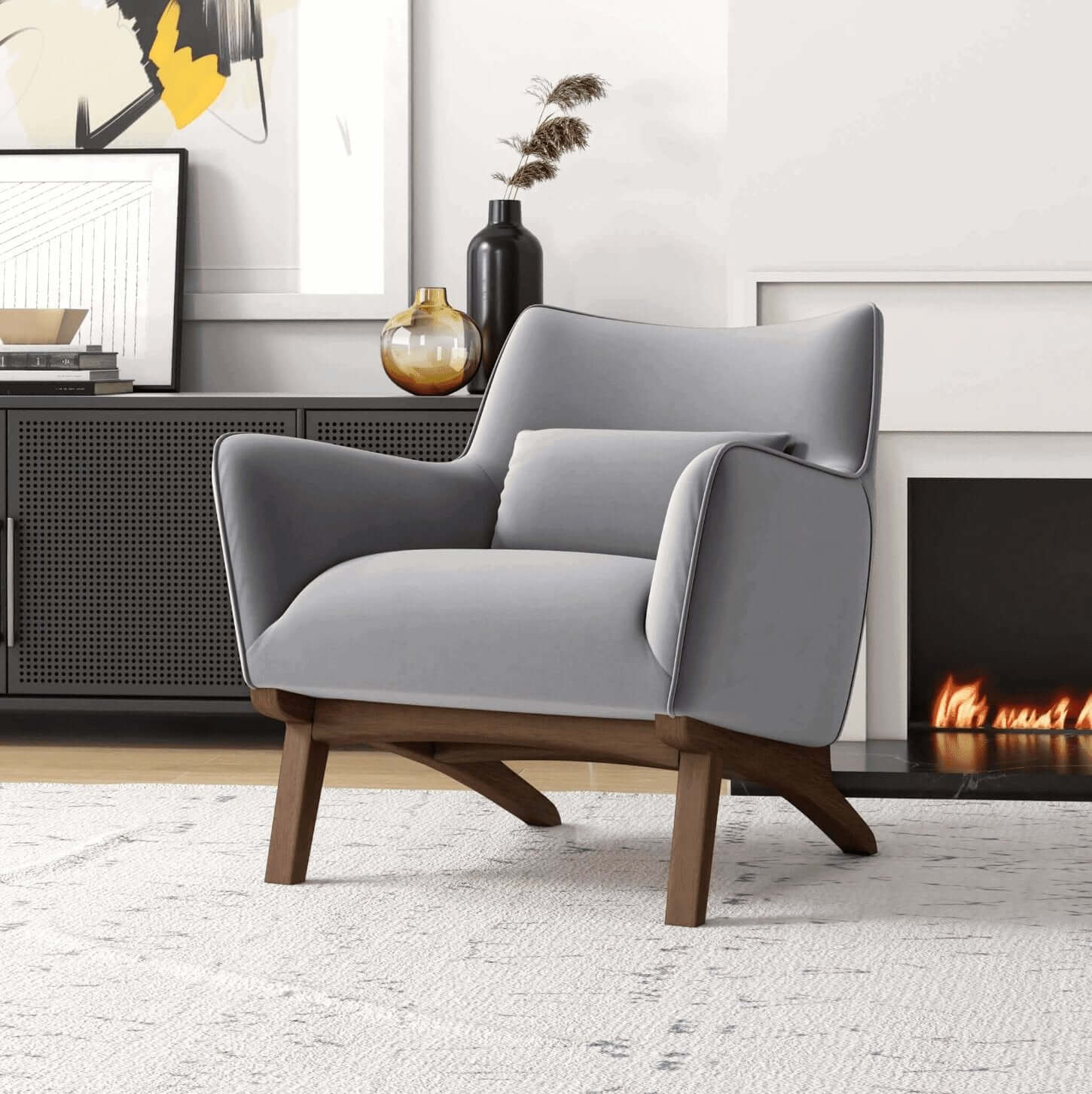 Brayden MCM Fabric Accent Lounge Chair – Modern Upholstered Chair (Multiple Fabrics & Colors) in gray upholstery with wood base.