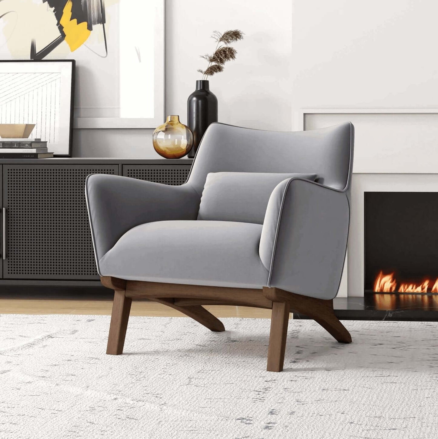 Brayden MCM Fabric Accent Lounge Chair – Modern Upholstered Chair (Multiple Fabrics & Colors) in gray upholstery with wood base.