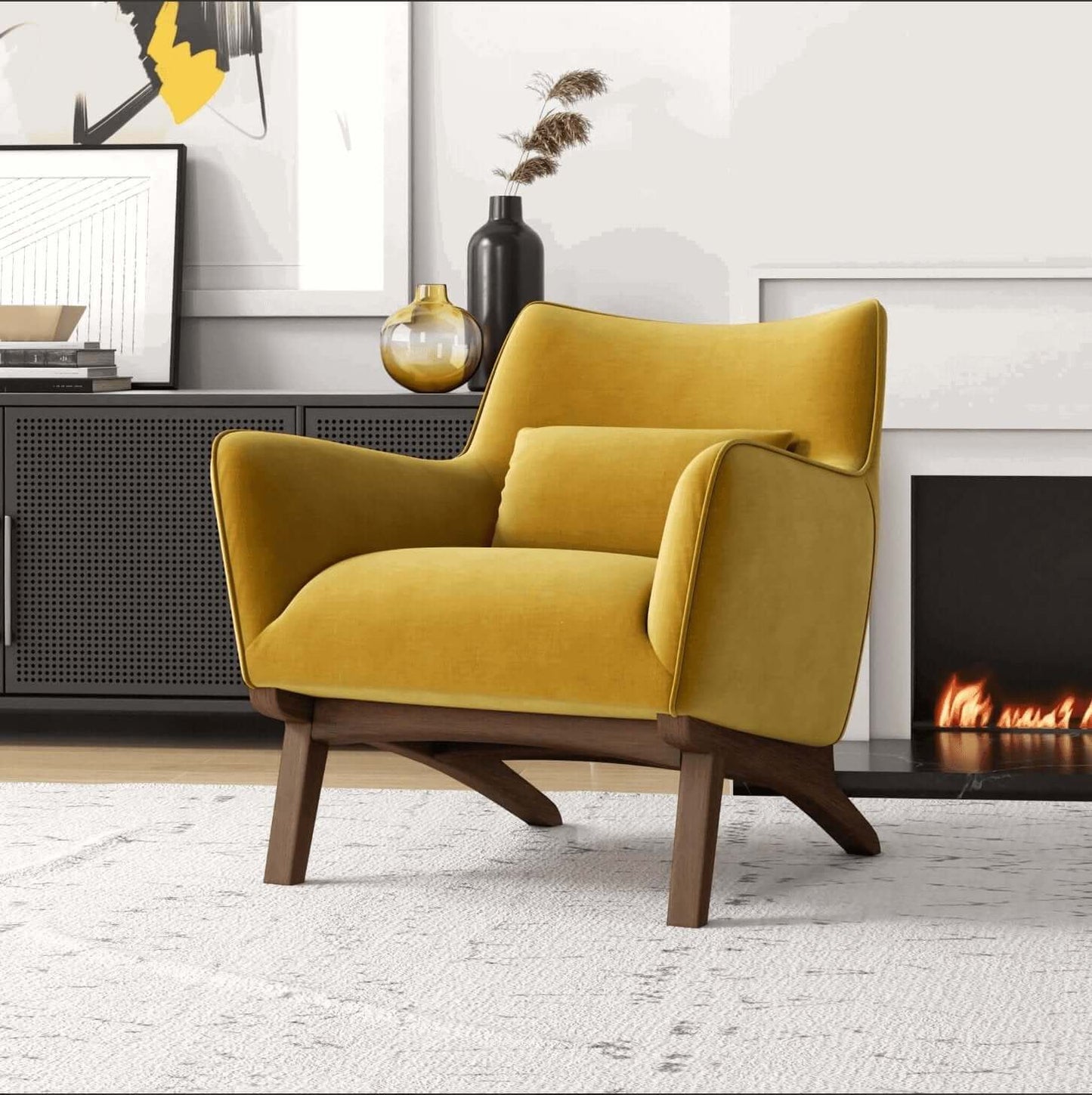Brayden MCM Fabric Accent Lounge Chair – Modern Upholstered Chair (Multiple Fabrics & Colors) in yellow upholstery