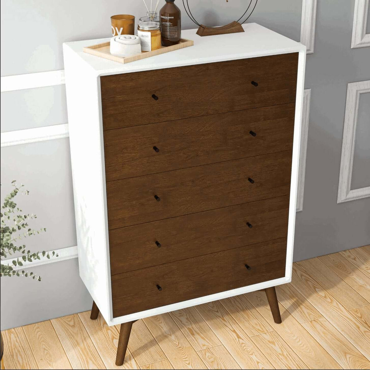 Caroline MCM Solid Wood Dresser Walnut Finish (47") - Revel Sofa 