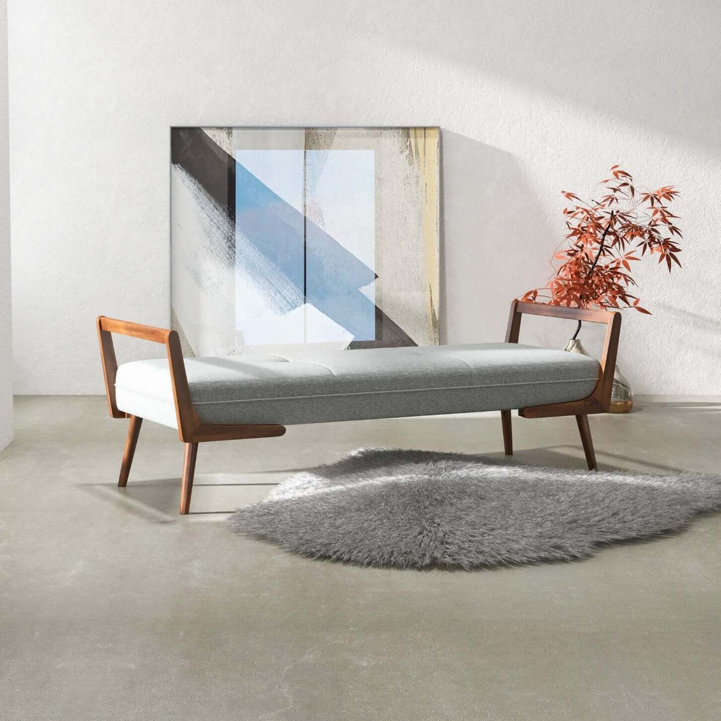 Cora MCM Style Gray Upholstered Fabric Bench - Revel Sofa 