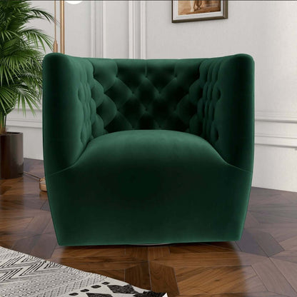 Delaney Tufted Swivel Barrel Chair – Modern Accent Chair (Multiple Colors & Fabrics) in rich green velvet upholstery.