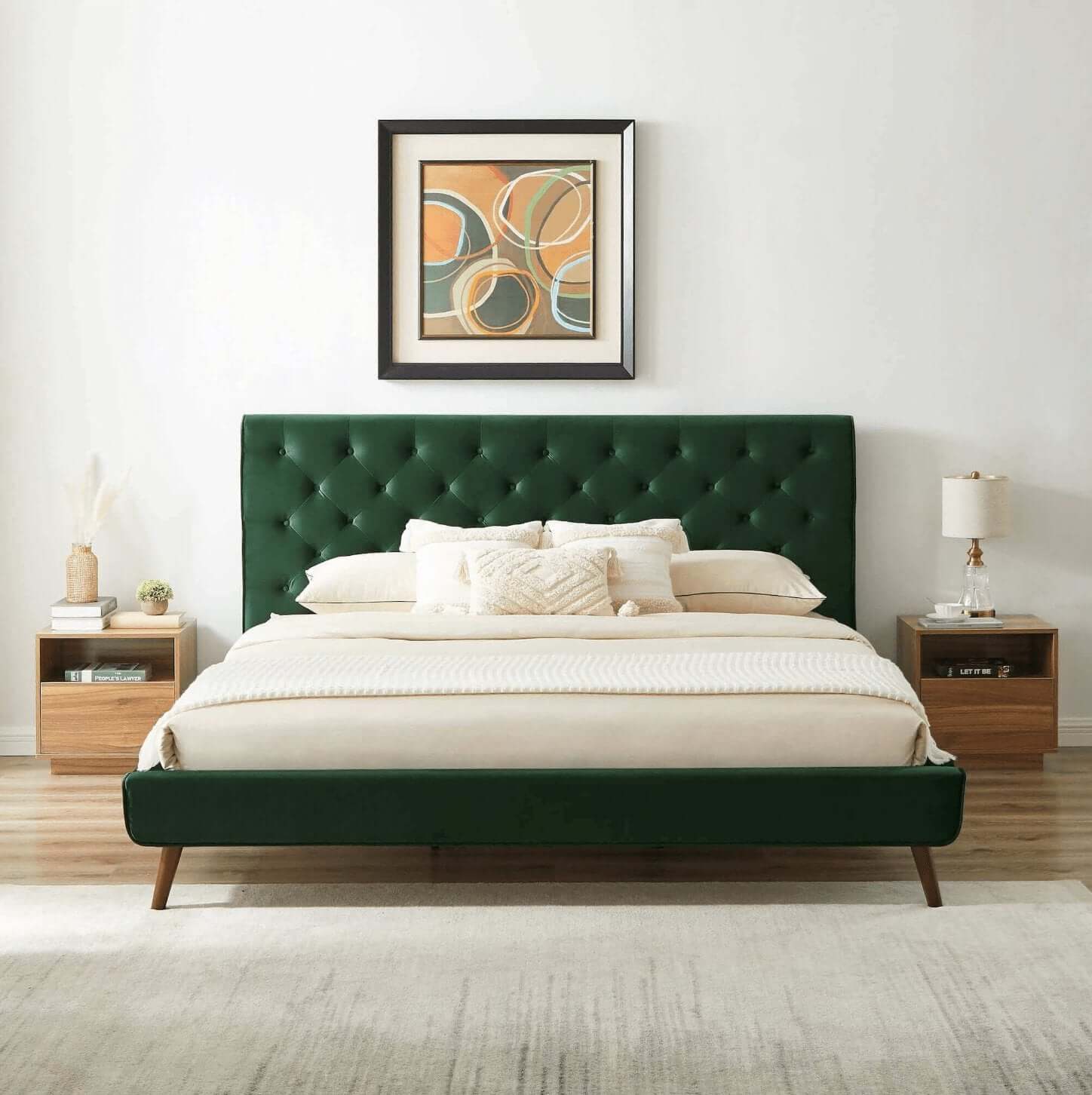 Dillon MCM Platform Bed with Button Tufted Velvet Upholstery - Revel Sofa 